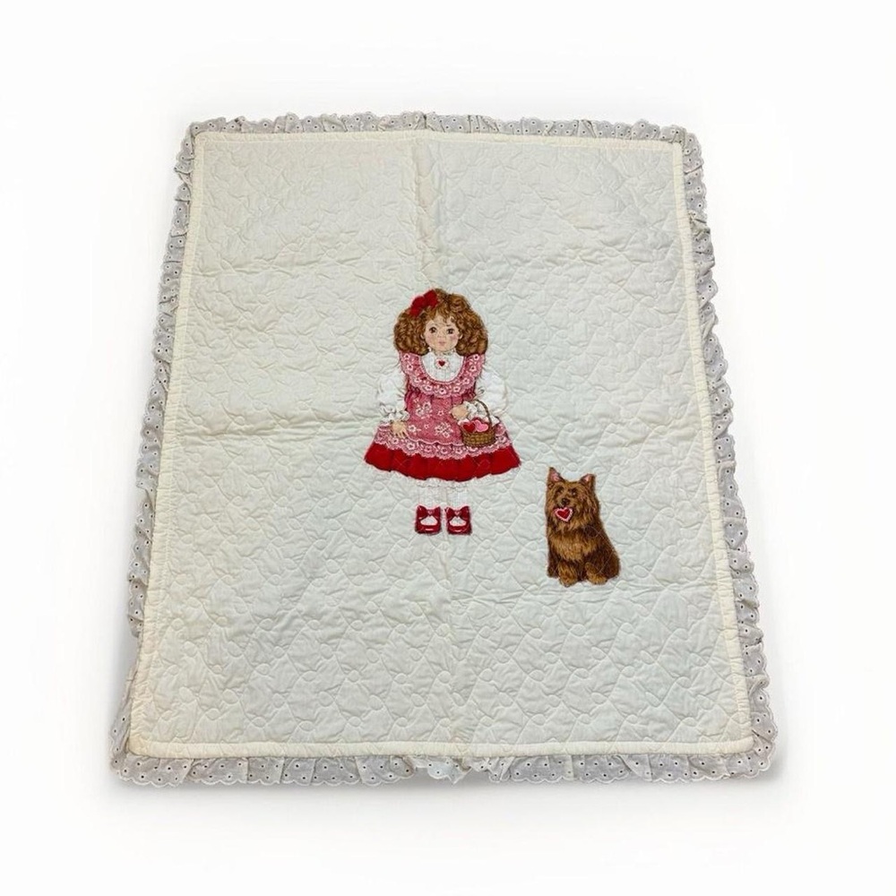 Vintage Cranston Valentine Doll "Hearts Delight" & Dog Print Appliqué Lap Quilt